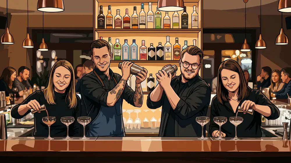 Cocktailkurs in Berlin – Gruppe mixt Cocktails an einer Bar unter Anleitung