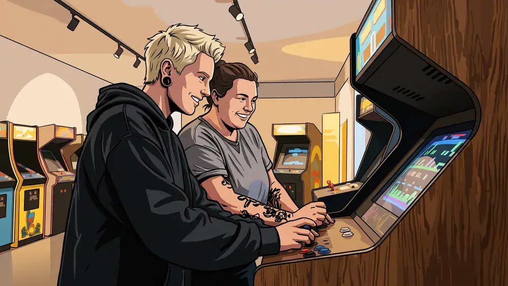 Computerspielemuseum Berlin – Zwei Personen spielen an einem Retro-Arcade-Automaten