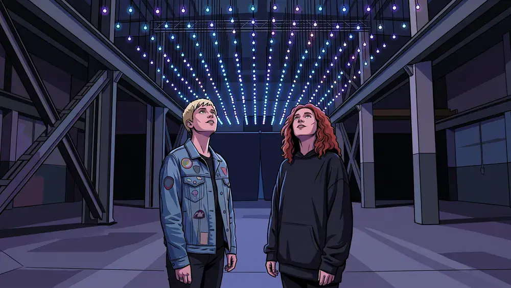 Dark Matter Berlin – Zwei Personen stehen staunend unter einer kinetischen Lichtinstallation
