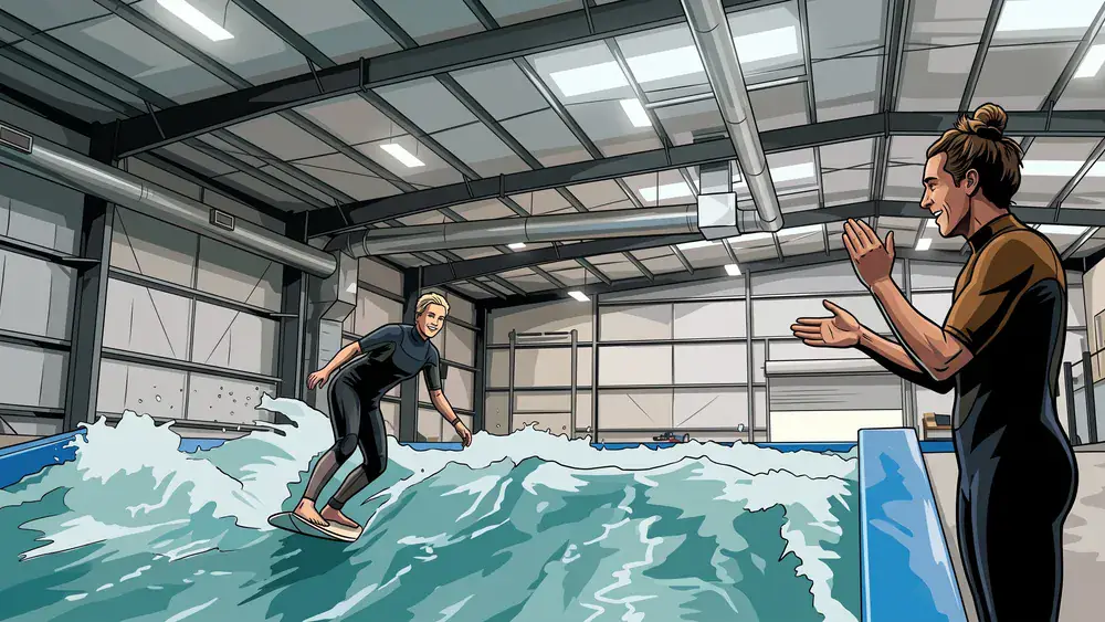 Wellenwerk Berlin – Zwei Personen beim Indoor-Surfen auf einer künstlichen Welle in einer Industriehalle