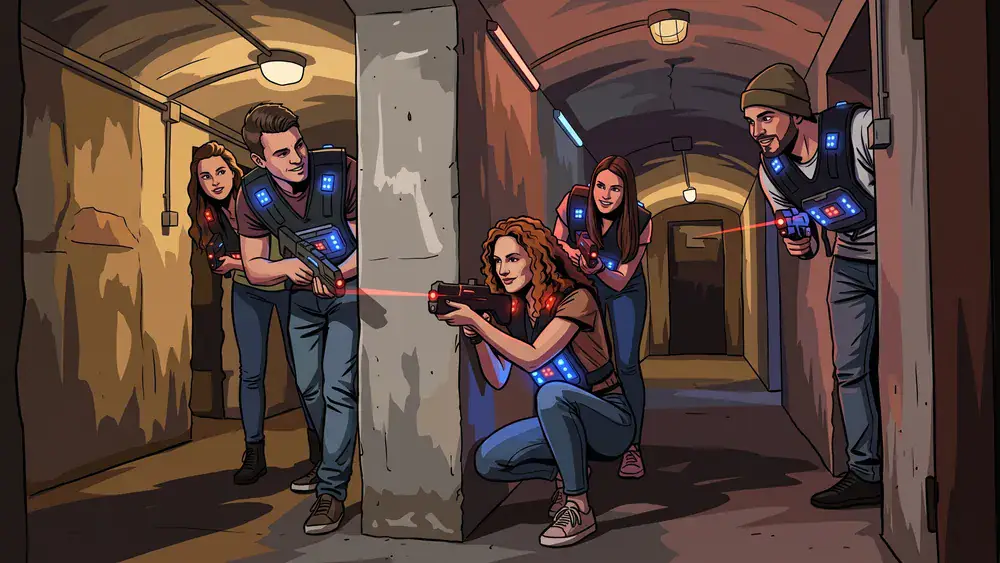 Underground Lasergame Berlin – Gruppe spielt Lasertag im Bunker