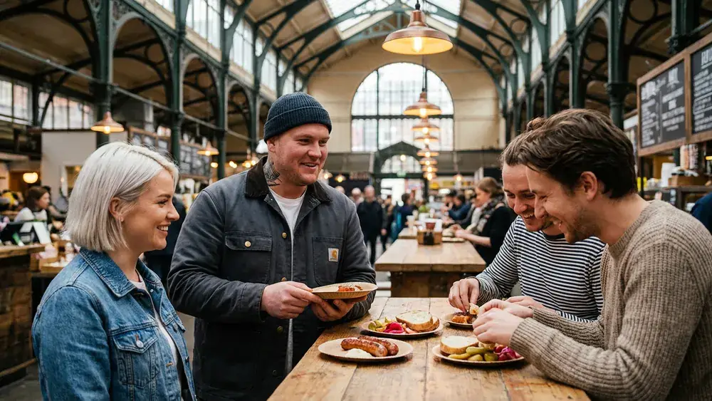 Markthalle Neun in Berlin-Kreuzberg – Gruppe probiert Street Food in der historischen Markthalle