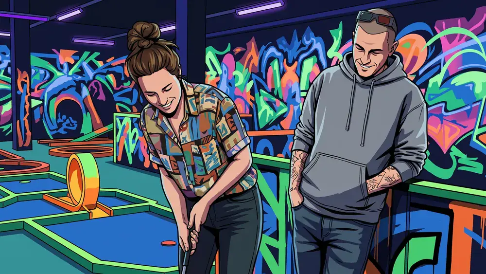 Schwarzlicht-Minigolf in Berlin – Zwei Personen spielen Minigolf unter leuchtendem Schwarzlicht