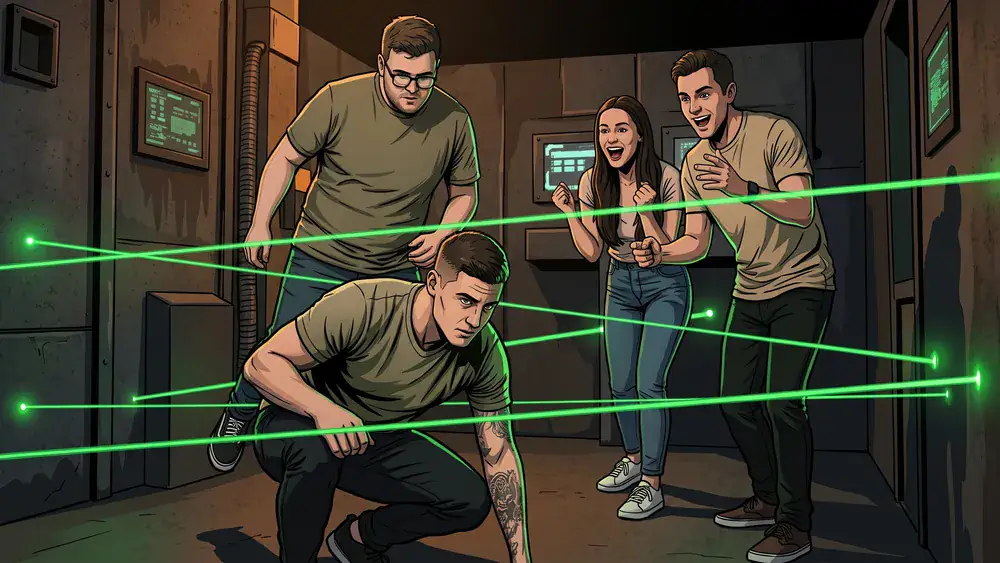 Deutsches Spionagemuseum Berlin – Gruppe navigiert durch den Laserparcours