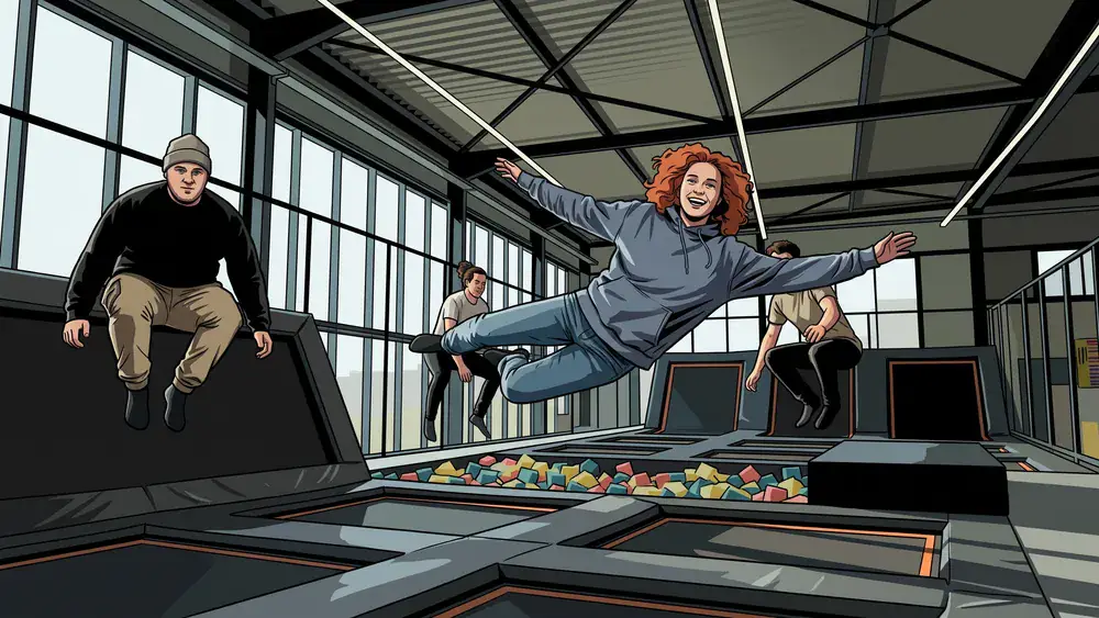 JUMP House Berlin – Gruppe springt auf Trampolinen im Indoor-Park