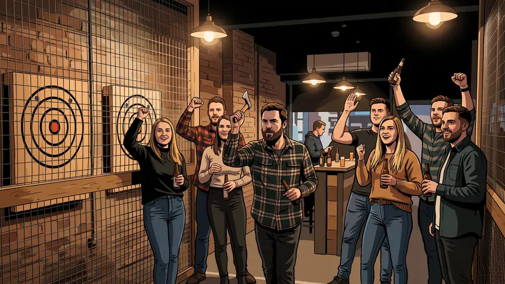 Axe Throwing Berlin – Team wirft Äxte auf Holzscheiben in einer Urban Bar