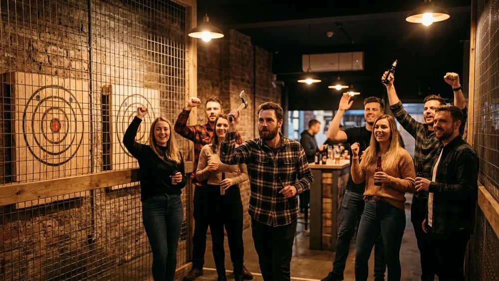Axe Throwing Berlin – Team wirft Äxte auf Holzscheiben in einer Urban Bar in Mitte