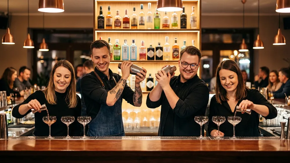 Cocktailkurs in Berlin – Team mixt Cocktails an einer Bar unter Anleitung in Kreuzberg