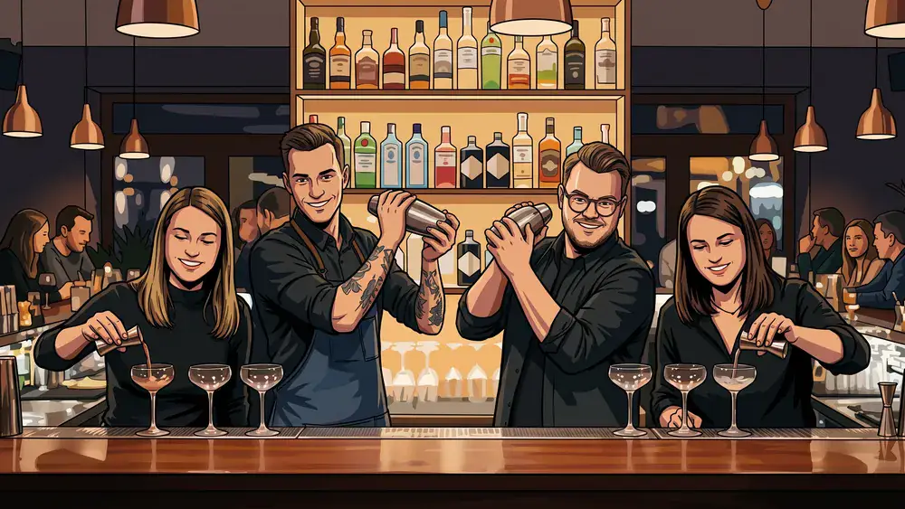 Cocktailkurs in Berlin – Team mixt Cocktails an einer Bar unter Anleitung