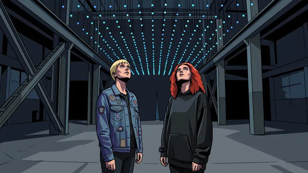 Dark Matter Berlin – Team steht staunend unter einer kinetischen Lichtinstallation