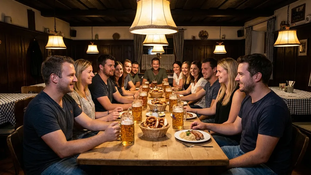Hofbräu Wirtshaus Berlin – Team trinkt Bier an langen Holztischen in einem bayrischen Brauhaus am Alex