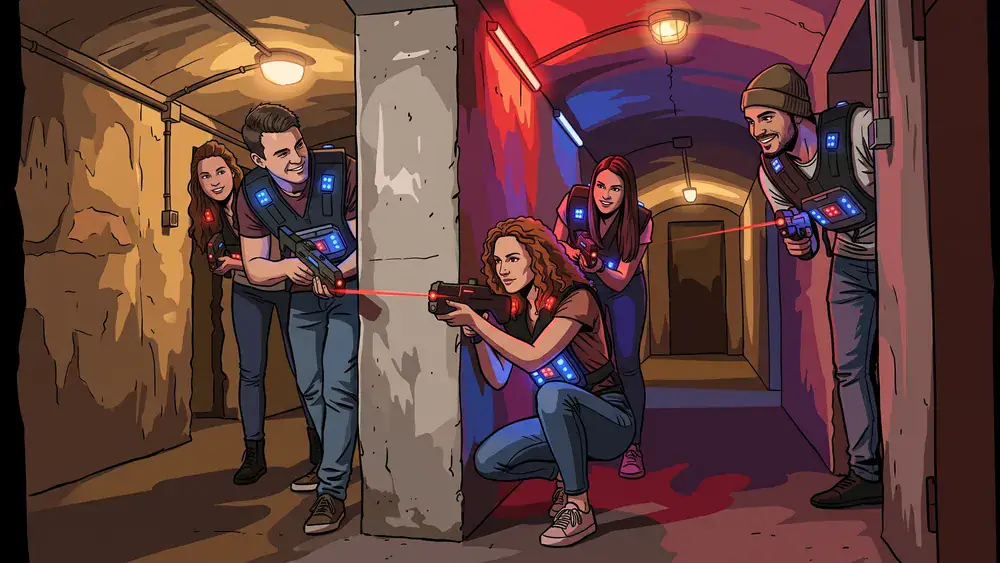 Lasertag in Berlin – Team in tactical vests spielt in einem echten WWII-Bunker am Anhalter Bahnhof