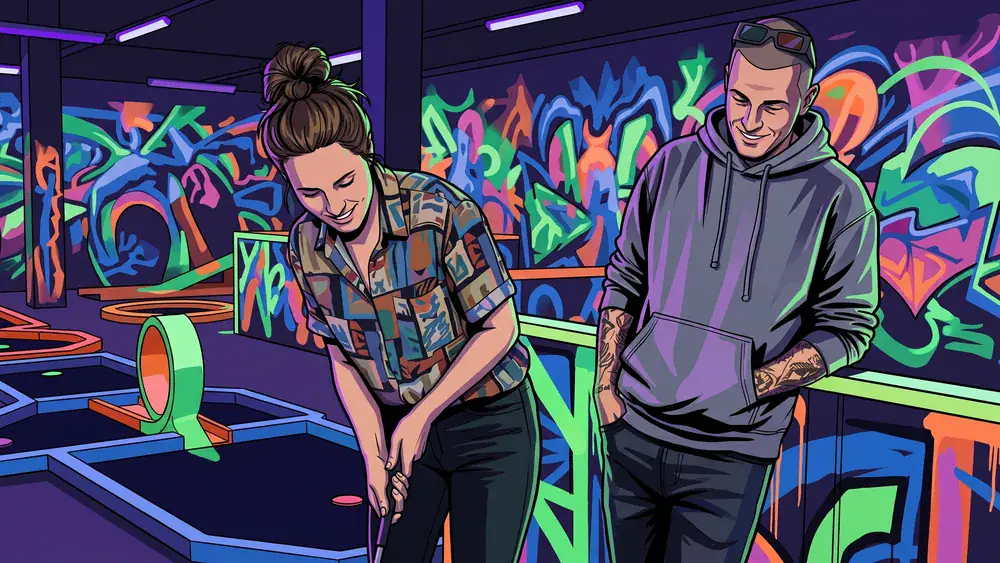 Schwarzlicht-Minigolf in Berlin – Team spielt mit 3D-Brillen Minigolf in leuchtender Neonwelt im DockX