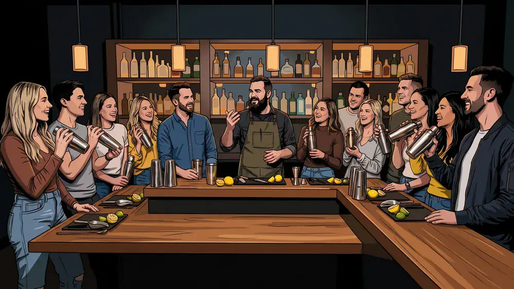 Cocktailkurs in Berlin – JGA-Runde mixt Cocktails hinter der Bar im Vivont