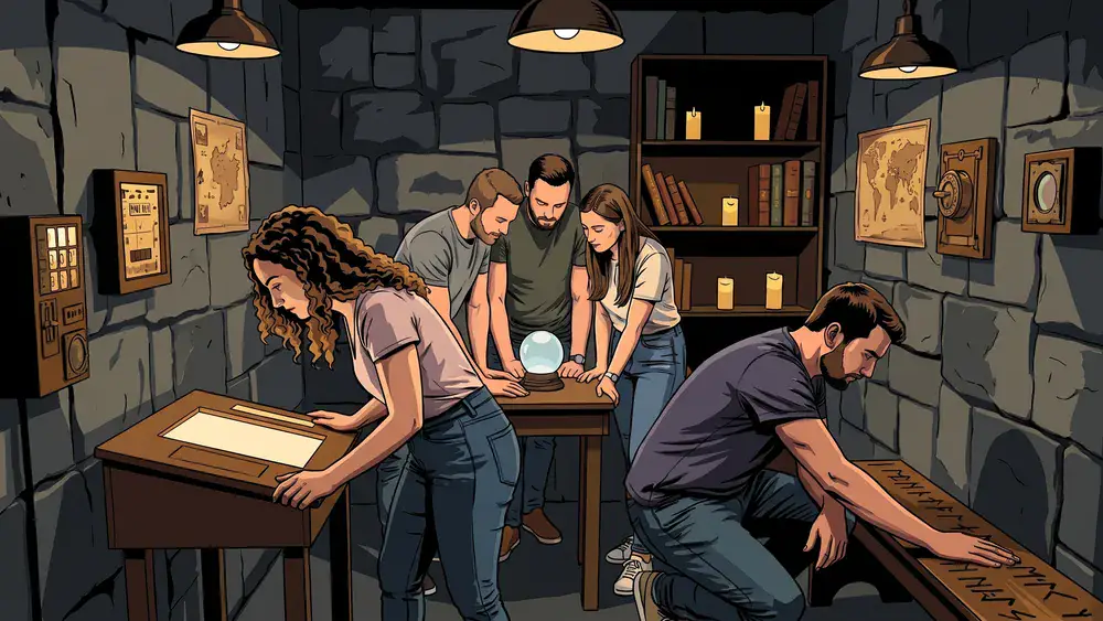 Escape Room in Berlin – JGA-Team sucht konzentriert nach Hinweisen im Themenraum