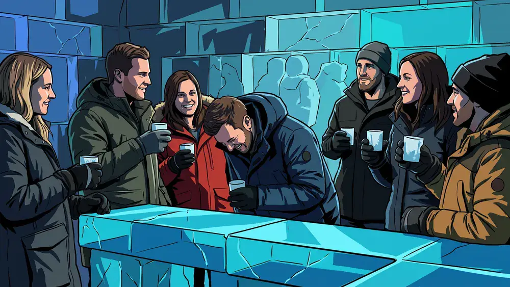 Berlin Icebar – JGA-Gruppe steht in Winterjacken an der Bar aus Eis