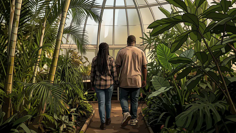 Botanischer Garten Berlin – Zwei Personen spazieren durch das tropische Gewächshaus