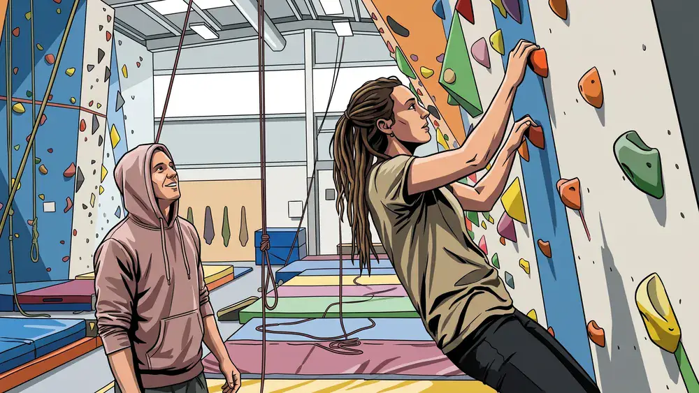 Bouldern Südbloc Berlin – Zwei Personen klettern an bunten Griffen in der Halle