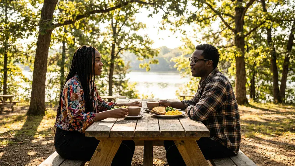 Café am Neuen See in Berlin – Zwei Personen frühstücken im Biergarten am Tiergarten-See