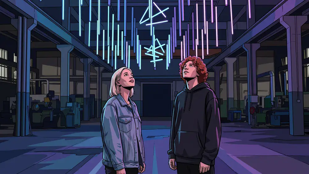 Dark Matter Berlin – Zwei Personen staunen unter einer kinetischen Lichtinstallation