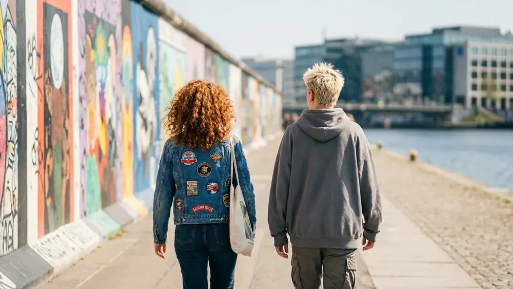 East Side Gallery in Berlin – Zwei Personen spazieren an der bunten Mauer entlang