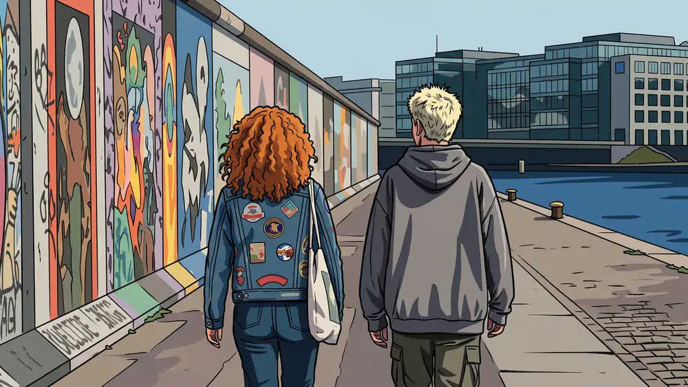 East Side Gallery in Berlin – Zwei Personen spazieren an der bunten Mauer entlang
