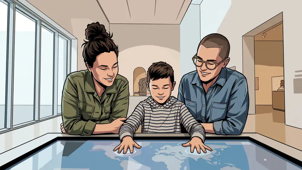 Futurium in Berlin – Familie an einer interaktiven Station im Zukunftsmuseum