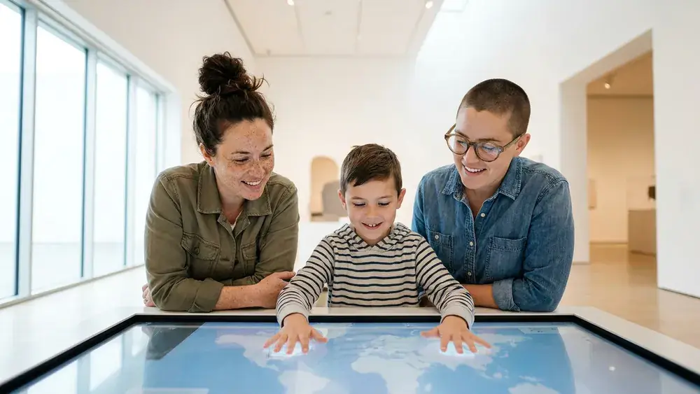 Futurium in Berlin – Familie an einer interaktiven Station im Zukunftsmuseum