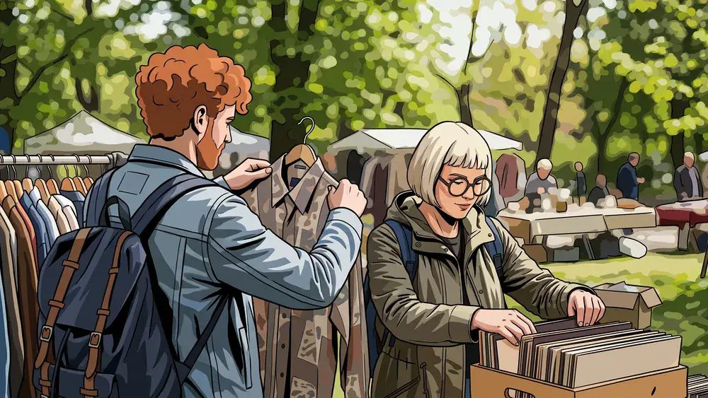 Mauerpark Flohmarkt in Berlin – Zwei Personen stöbern durch Vintage-Stände im Sonnenschein