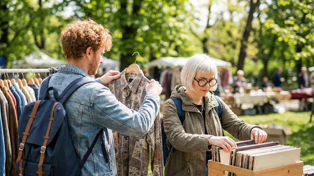Mauerpark Flohmarkt in Berlin – Zwei Personen stöbern durch Vintage-Stände im Sonnenschein