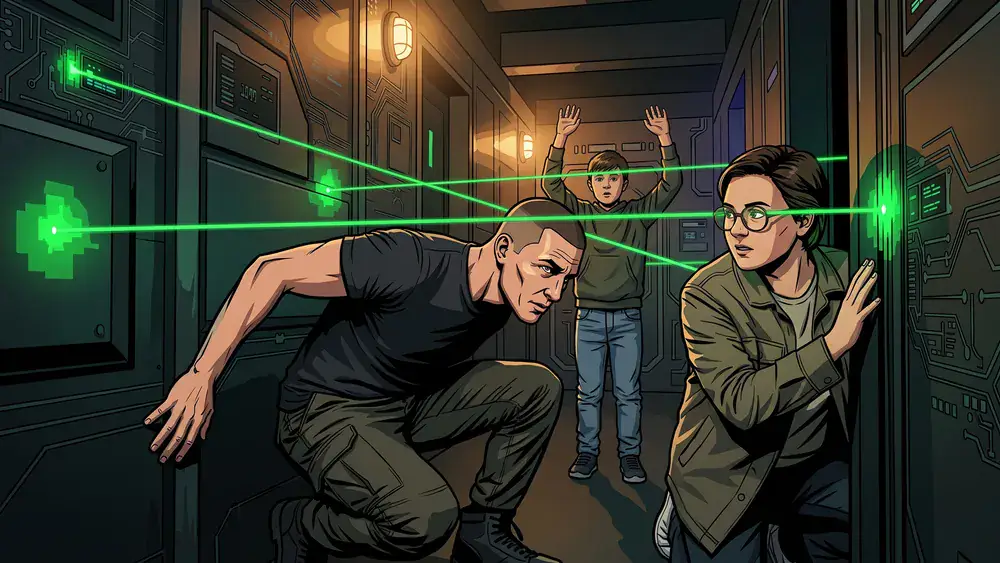 Deutsches Spionagemuseum Berlin – Familie navigiert durch den Laserparcours