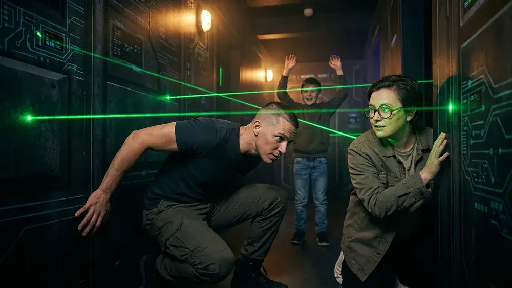 Deutsches Spionagemuseum Berlin – Familie navigiert durch den Laserparcours