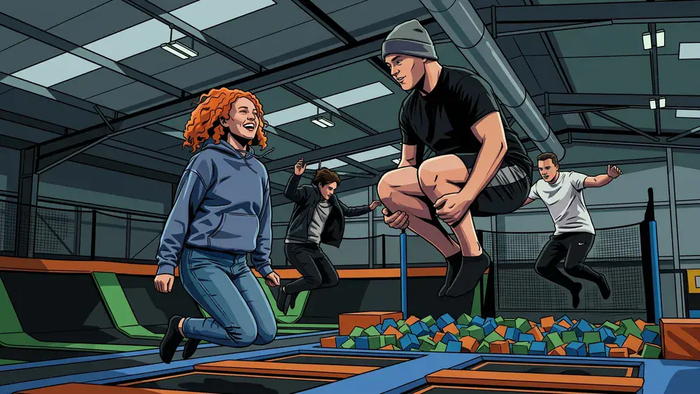 JUMP House Berlin – Gruppe springt auf Trampolinen im Indoor-Park