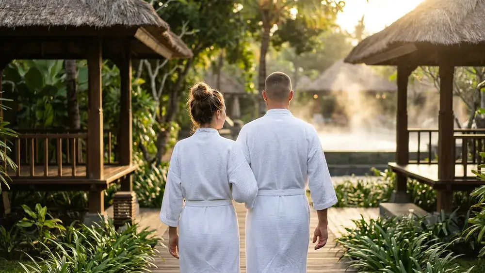 Vabali Spa in Berlin – Zwei Personen im Bademantel zwischen balinesischen Pavillons