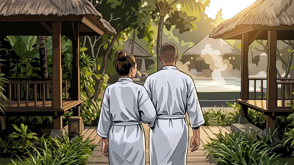 Vabali Spa in Berlin – Zwei Personen im Bademantel zwischen balinesischen Pavillons
