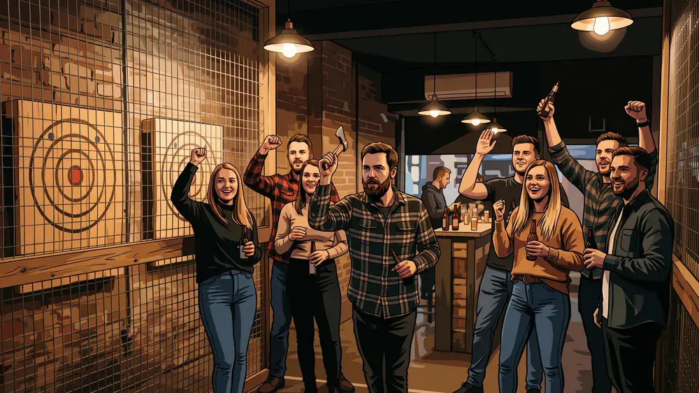Axe Throwing Berlin – Team wirft Äxte auf Holzscheiben in einer Urban Bar