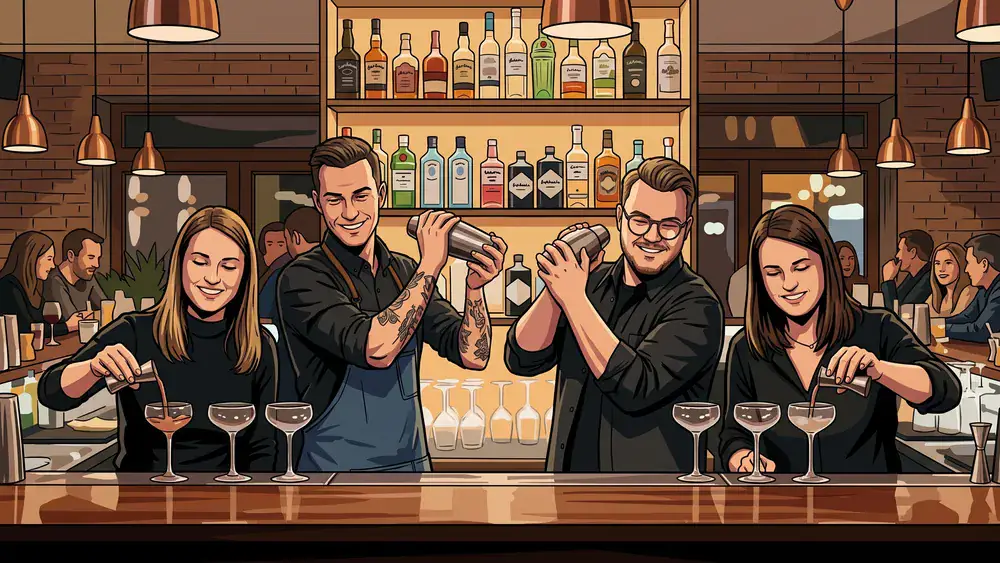 Cocktailkurs in Berlin – Team mixt Cocktails an einer Bar unter Anleitung