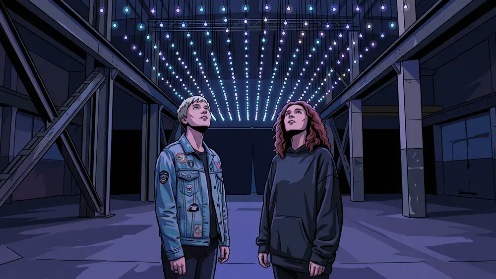 Dark Matter Berlin – Team steht staunend unter einer kinetischen Lichtinstallation