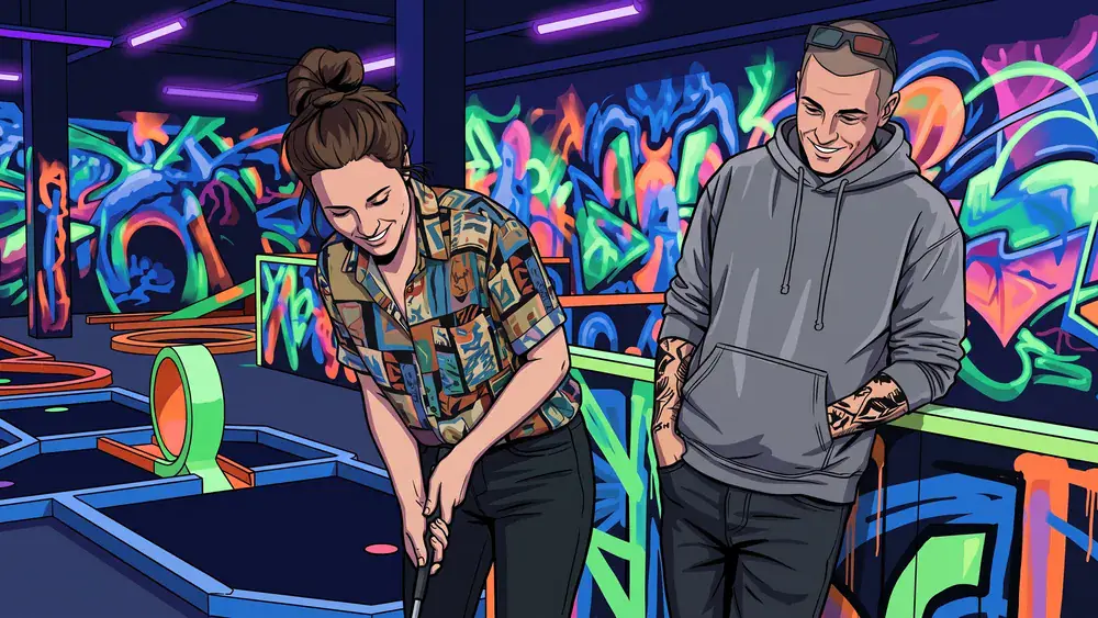 Schwarzlicht-Minigolf in Berlin – Team spielt mit 3D-Brillen Minigolf in leuchtender Neonwelt im DockX