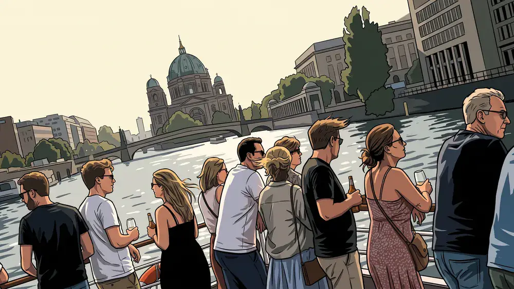 Spree-Panoramafahrt in Berlin – Kollegen stehen an Deck eines Ausflugsschiffs mit Blick auf Museumsinsel und Dom