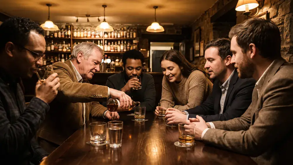 Whisky-Tasting in Berlin – Kollegen verkosten als Gruppe mehrere Drams in einem Whisky-Pub in Charlottenburg