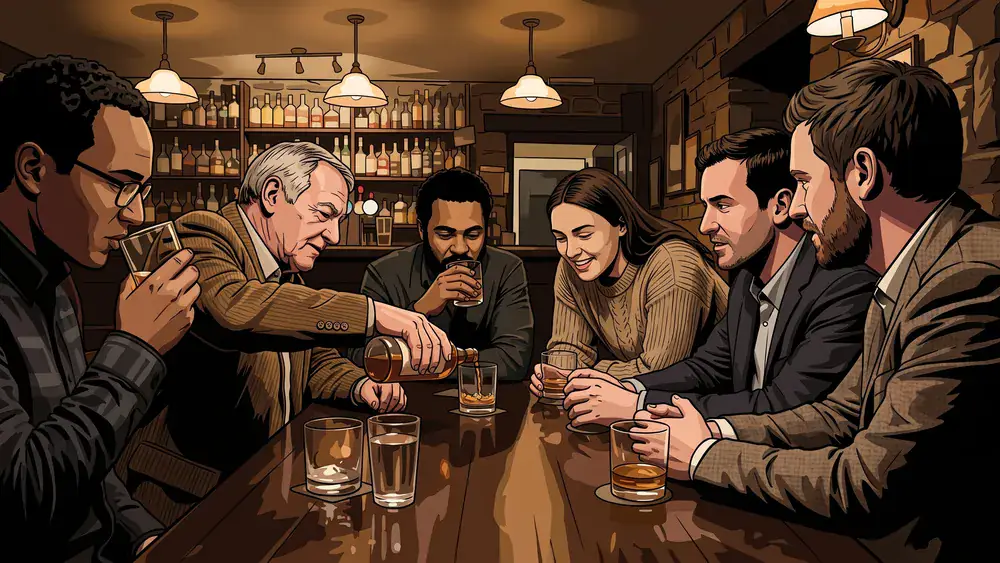 Whisky-Tasting in Berlin – Kollegen verkosten als Gruppe mehrere Drams in einem Whisky-Pub