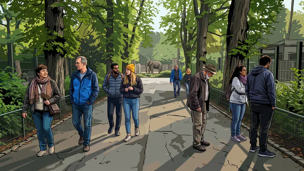 Zoo Berlin – Kollegen spazieren an einem sonnigen Morgen als Gruppe durch den Zoo