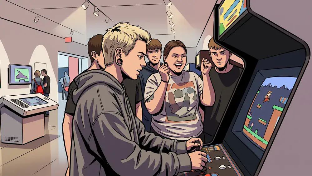 Computerspielemuseum Berlin – Schulklasse spielt an einem Retro-Arcade-Automaten