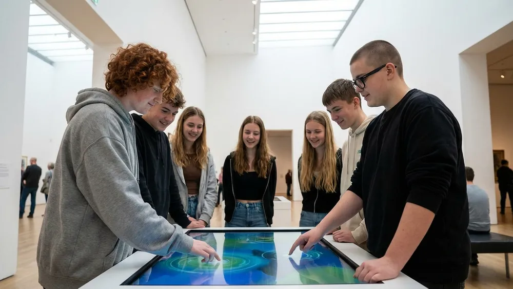 Futurium in Berlin – Schulklasse an einer interaktiven Ausstellung im Zukunftsmuseum