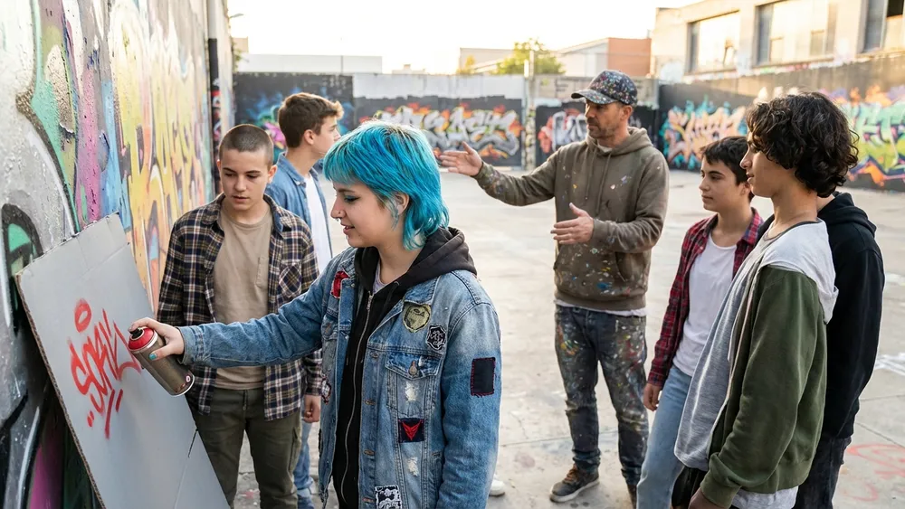 Graffiti Workshop Berlin – Schulklasse sprayt unter Anleitung an einer Wand