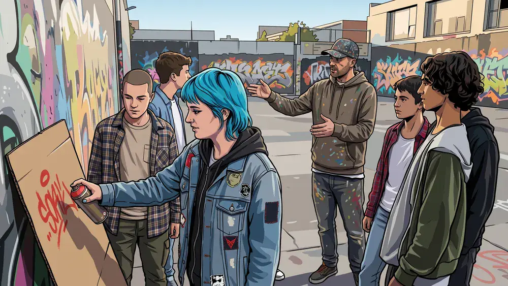 Graffiti Workshop Berlin – Schulklasse sprayt unter Anleitung an einer Wand