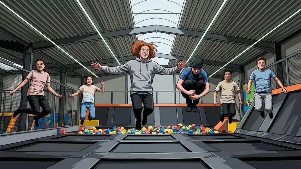 JUMP House Berlin – Schulklasse springt auf Trampolinen im Indoor-Park