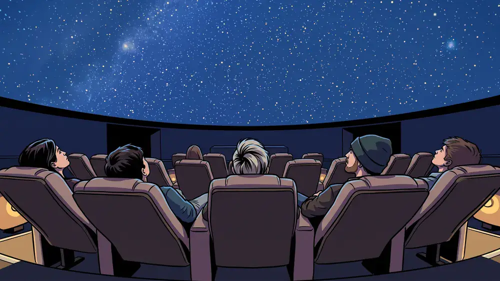 Zeiss-Großplanetarium Berlin – Schulklasse schaut auf den projizierten Sternenhimmel unter der Kuppel