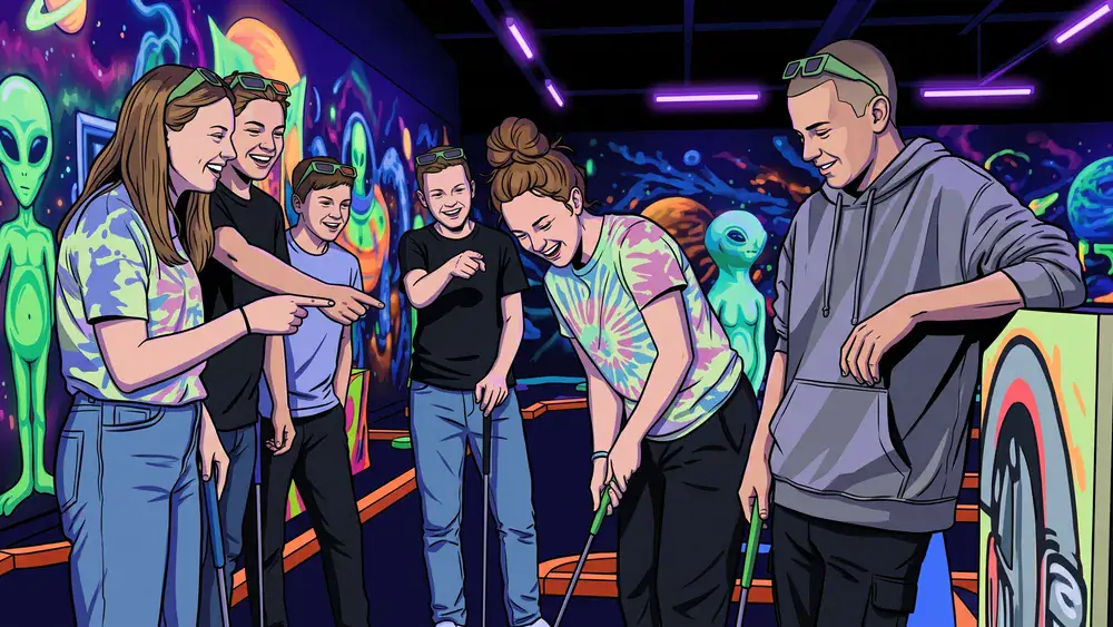 Schwarzlicht-Minigolf in Berlin – Schulklasse spielt Minigolf unter leuchtendem Schwarzlicht